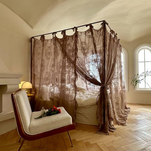 4 Corner Post Bed Canopy Curtain - King Size Romantic Lace Mosquito Net