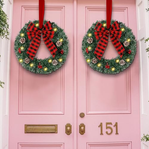 14-Inch Pre-Lit Christmas Wreaths with LED Lights & Timer, 2-Pack