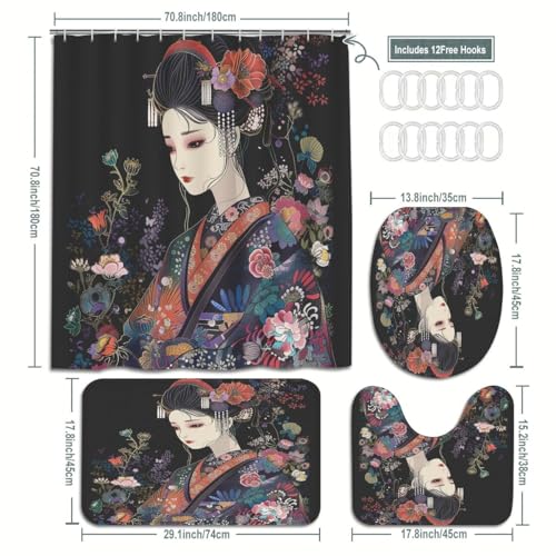 Japanese Geisha 4-Piece Bathroom Decor Set with Shower Curtain & Rugs