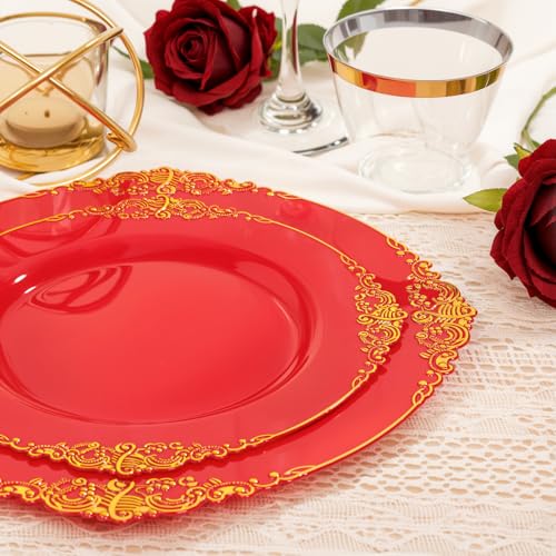 Nervure 100Pcs 10.25'' Red Plastic Plates – Disposable Party Dinner Plates