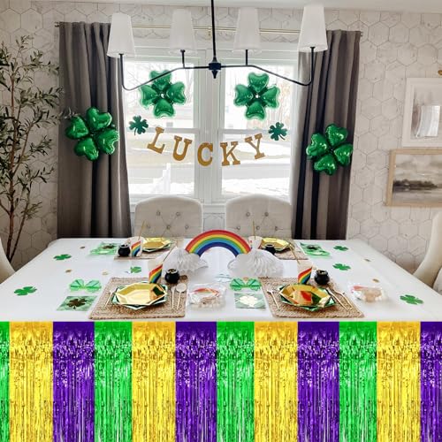 Ohiyoo Gold Green Purple Mardi Gras Fringe Table Skirt Set 5 Pack 29x108 Inch Party Decorations