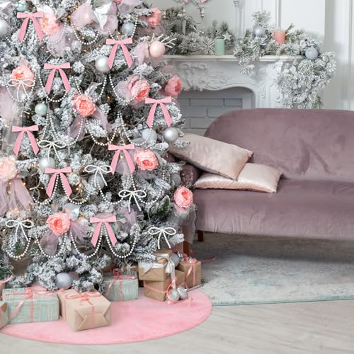 Pink Pearl Christmas Tree Decorations Set 31 Pcs with Velvet Bows, Pearls & Tree Skirt
