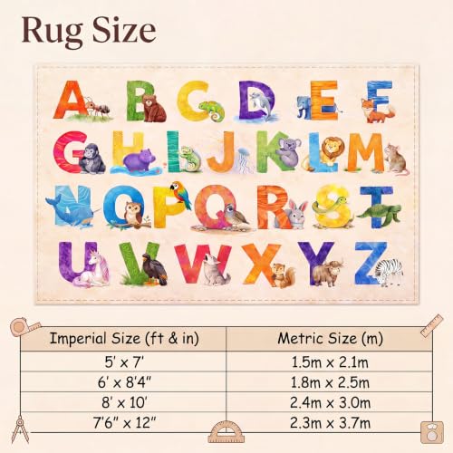 Alphabet Animal Classroom Rug 5 x 7 ft, Educational Play Carpet for Kids