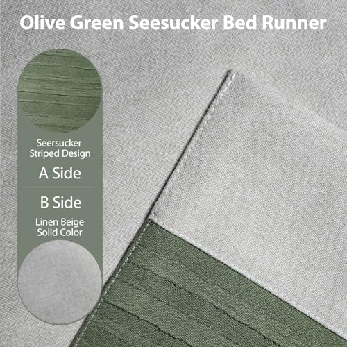 Olive Green Seersucker Bed Runner, Reversible Bed Scarf (102x20 In)
