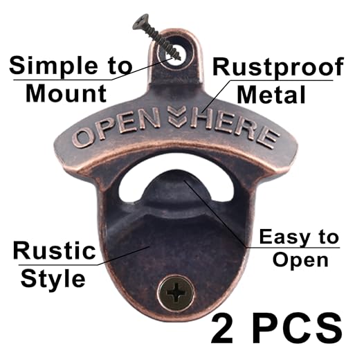 Antique Copper Wall Mount Bottle Opener Set of 2 - Retro Beer Opener with Screws, Rustic Kitchen & Bar Decor