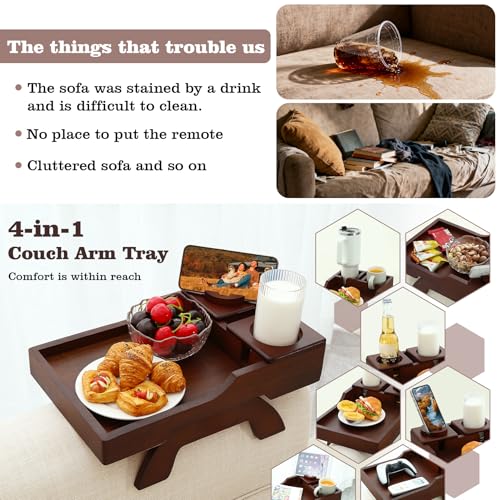 Bamboo Couch Armrest Tray Table with 360° Rotating Phone Holder