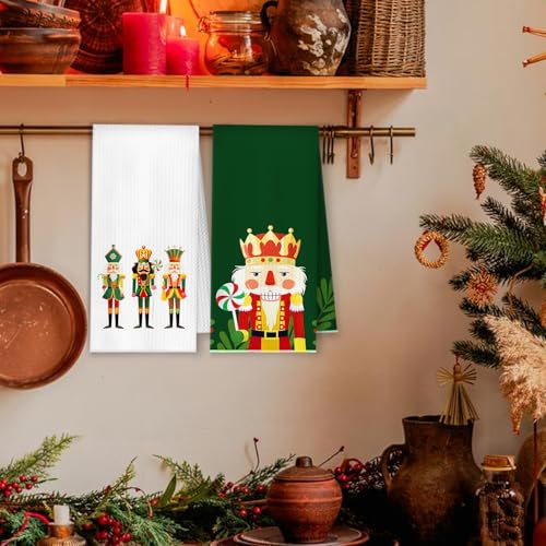 Green Nutcracker Christmas Kitchen Towels Set of 4, 16x24 Inches, Holiday Decor