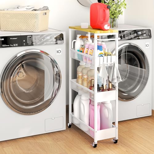 7.1-Inch Slim 4-Tier Rolling Storage Cart on Wheels with Wood Top