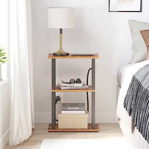 Narrow Side Table with Charging Station, 3-Tier Slim End Table with USB