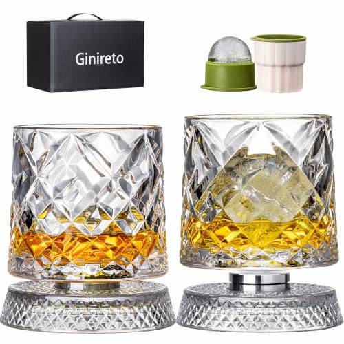 Ginireto Pattern A Spinning Whiskey Glasses Set of 2, 9.5oz Lead-Free with Ice Molds & Gift Box