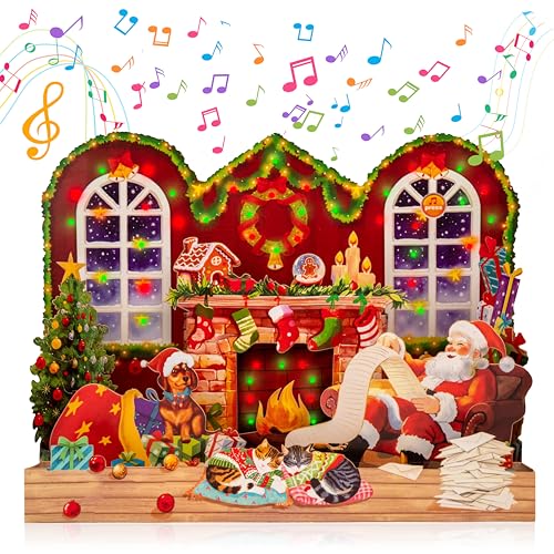 POPWOW Musical Christmas Card with Lights - Fireplace Scene, 3D Pop Up, Santa & Cats, Xmas Greeting Card, Envelope Included, 6.1x7.87 inches