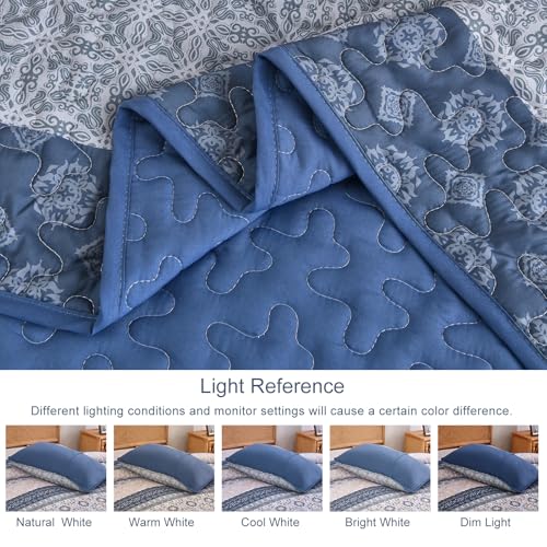 Boho King Quilt Set - 3-Piece Blue Floral Striped Bedspread Coverlet