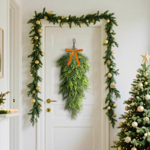 27-Inch Artificial Cedar Christmas Teardrop Swag with Bow for Front Door