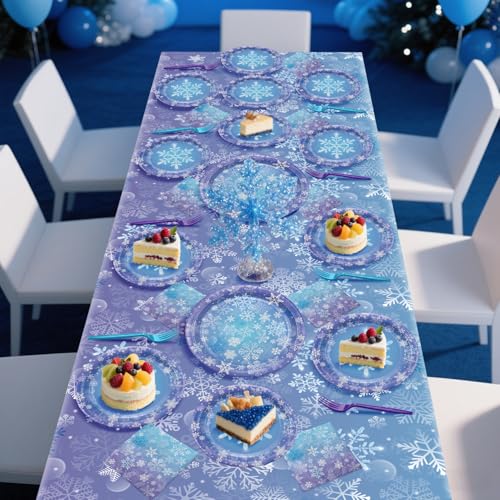 QUERICKY Winter Snowflake Party Supplies Set for 20 Guests - Princess & Holiday Decor, Includes Plates, Napkins, Forks, Tablecloth - Variation 81