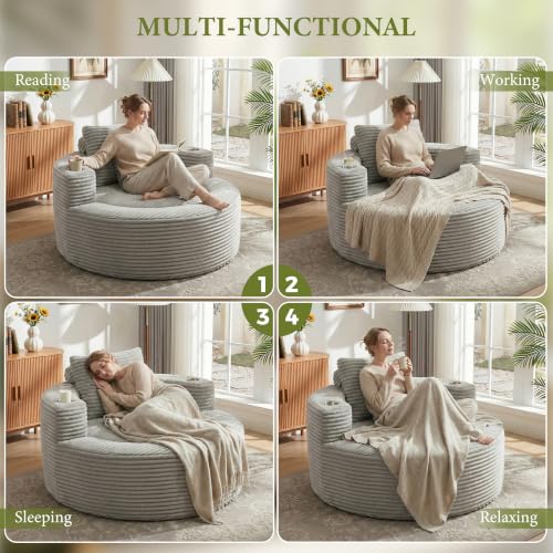 55-Inch Oversized Round Chaise Lounge Chair, Grey Corduroy Floor Sofa