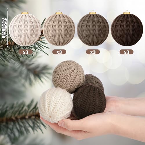 VioraWhite 12 Pack Neutral Christmas Crochet Ball Ornaments 2.36 Inch - Light Beige, Tan, Brown, White