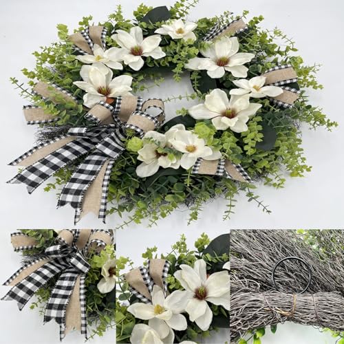 24-Inch Artificial Magnolia Wreath with Buffalo Plaid Bow for Front Door
