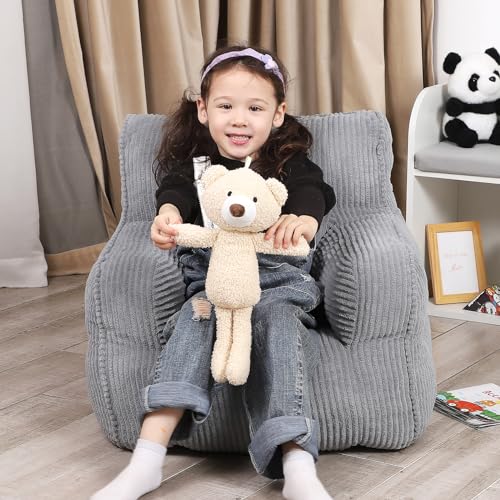 Kids Bean Bag Chair with Plush Teddy Bear - Comfortable Toddler Seat, Grey
