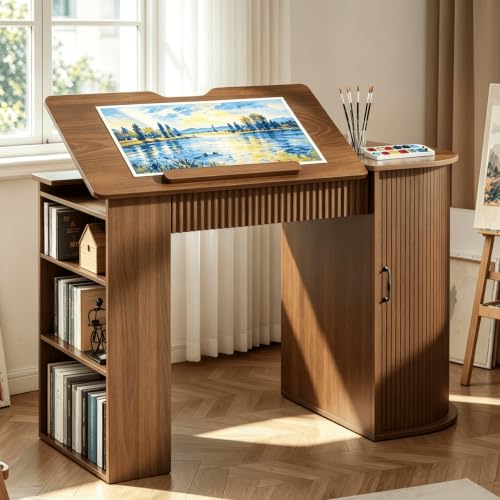 Adjustable Drafting Table with Storage, Walnut Art Desk & Charging Station