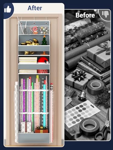Hanging Gift Wrapping Paper Storage Bag Organizer for Closet and Door Gray