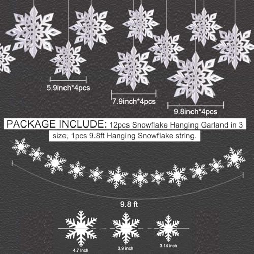 3D White Glitter Hanging Snowflake Ornaments & Garland Set (24 Pcs)