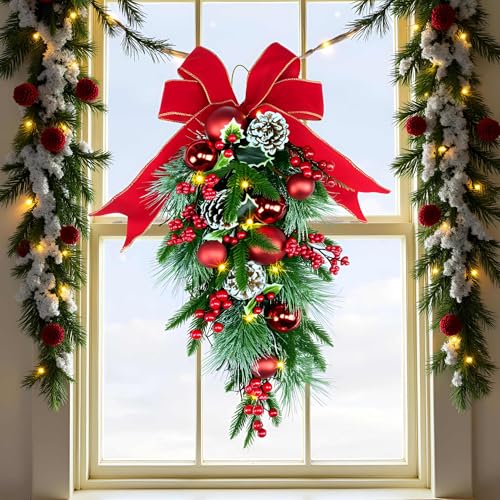 24-Inch Pre-Lit Christmas Teardrop Swag with Fairy Lights & Pine Cones