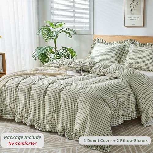 Sage Green Gingham Duvet Cover Set Queen, 3-Piece Soft Microfiber Ruffle Bedding