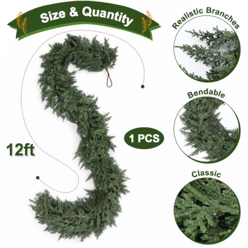 Jutom 12 ft Artificial Cedar Garland Christmas Holiday Decor