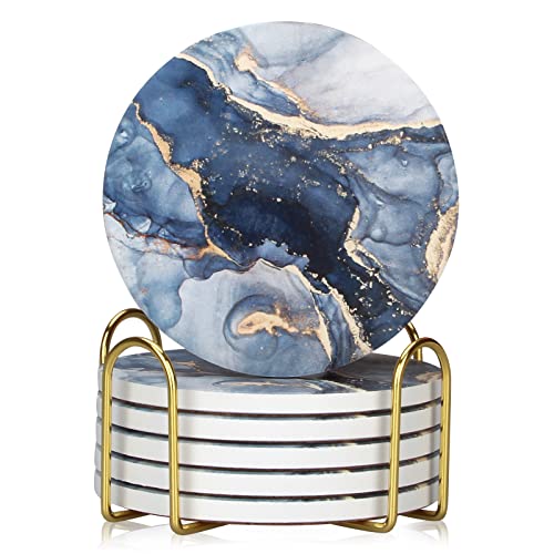 Navy Blue Marble Ceramic Coasters Set of 6 with Gold Metal Holder - Absorbent & Non-Slip