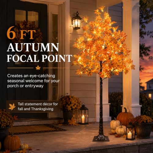 6ft Artificial Lighted Maple Tree - 120 LED Warm White Fall Decor, Indoor & Outdoor