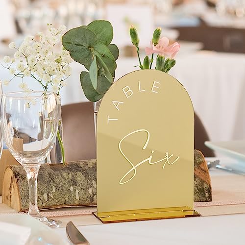 Gold Mirror Arched Acrylic Table Numbers 1-10 with Stands (5x7 Inch)
