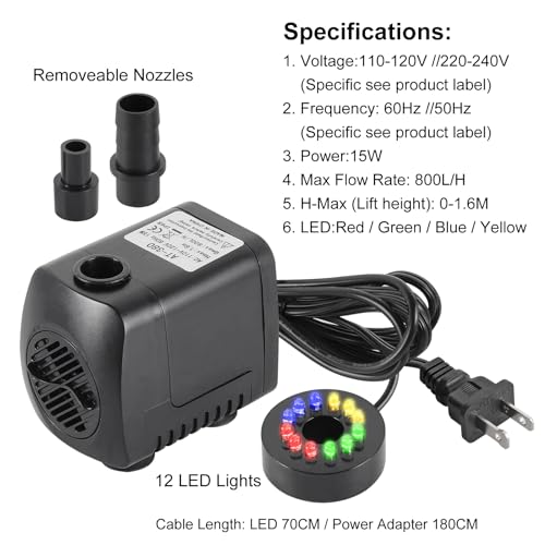 15W Submersible Fountain Pump with 4-Color LED Lights, 220 GPH