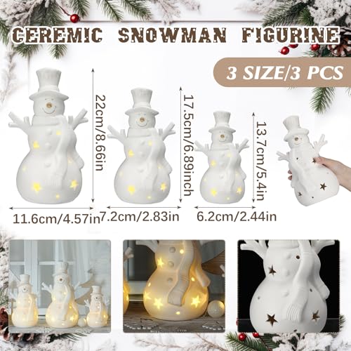 Modern 3 Pack LED Ceramic Snowman Figurines - Battery Operated Holiday Decor