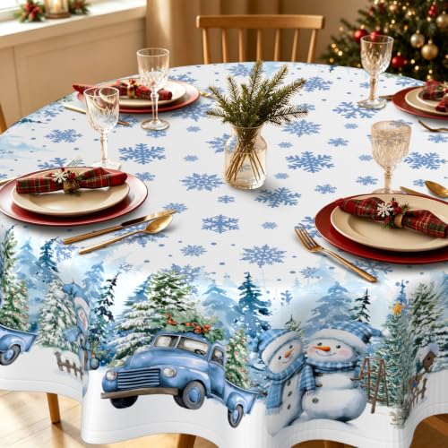 Blue Snowman Round Christmas Tablecloth 60x60 Inch Waterproof Holiday Decor