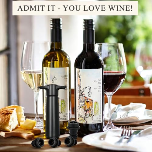 Pafusen Vacuum Wine Stopper Set with Pump, 4 Reusable Stoppers, Black - Keeps Wine Fresh 7 Days