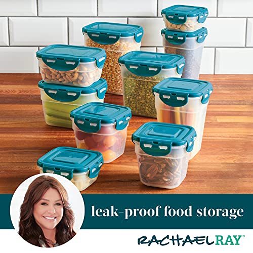 Rachael Ray Leak-Proof Stacking Container Food Storage Bin Set, 20-Piece, Clear with Teal Lids