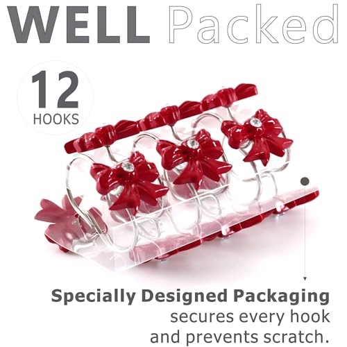 PopKozzi Red Christmas Bow Shower Curtain Hooks, 12Pcs - Resin Bow Tie Curtain Rings