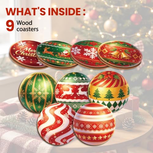 ANATTASOUL Christmas Baubles Coasters Set of 9, 3.9" Round Wooden Coasters, Snowflake/Reindeer/Santa Patterns, Bulk Gift