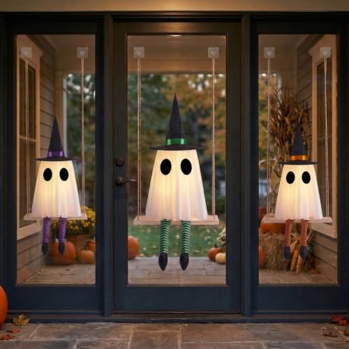 Halloween Light Up Swinging Ghost Decor - Set of 3 Hanging Ghosts with Remote