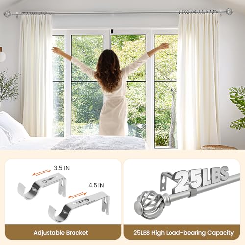 Silver Decorative Window Curtain Rod with Birdcage Finials, 28-48 Inch