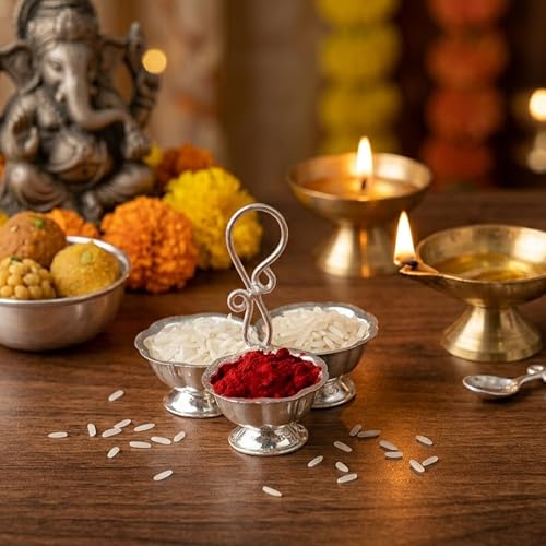 Silver Plated Haldi Kumkum Holder Set for Pooja Thali - 5 Piece Ritual Stand