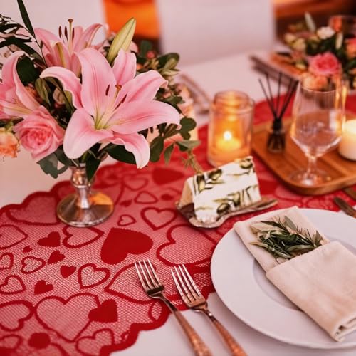 Valentine's Day Lace Heart Table Runner - 13 x 72 Inch Romantic Home Decor