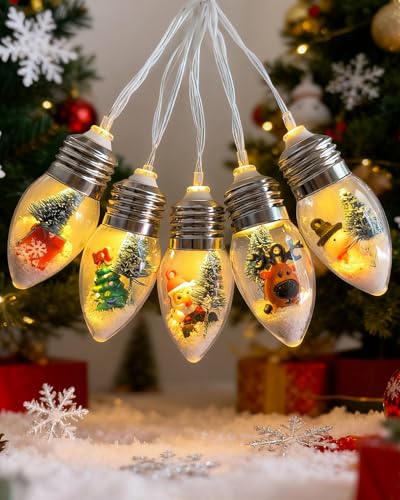 Vintage Christmas Snow Globe String Lights 6.8Ft Battery Operated 10 LED with 8 Modes & Timer - Christmas Elements with Christmas Tree