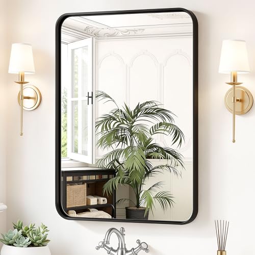 36x24 Inch Black Bathroom Wall Mirror, Rounded Metal Frame Vanity Mirror