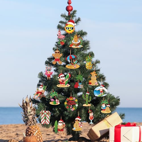 MorningRo Fresh 20 Pcs Tropical Christmas in July Metal Tree Ornaments - Beach Santa Flamingos Coconut Decor