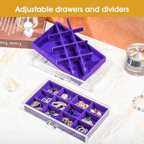 Purple Earring Holder Organizer Jewelry Box with 5 Removable Velvet Trays - Stackable, Compact Storage