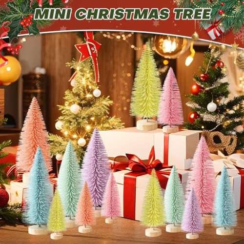 Bijoya 18 Pcs Mini Christmas Trees Set in 3 Sizes with Wooden Bases, 6 Colors