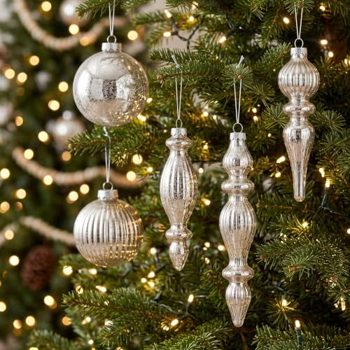 Set of 9 Vintage Silver Mercury Glass Christmas Ornaments with Finials — Sliver / Set of 9