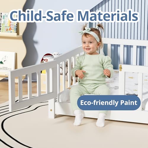 Twin Montessori Floor Bed Frame with Safety Fence and Door, Solid Wood