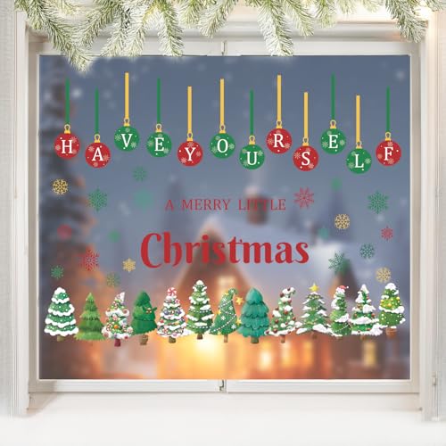 Have Yourself a Merry Little Christmas Double-Sided Window Decal Pine Trees Snowflakes Holiday Sticker